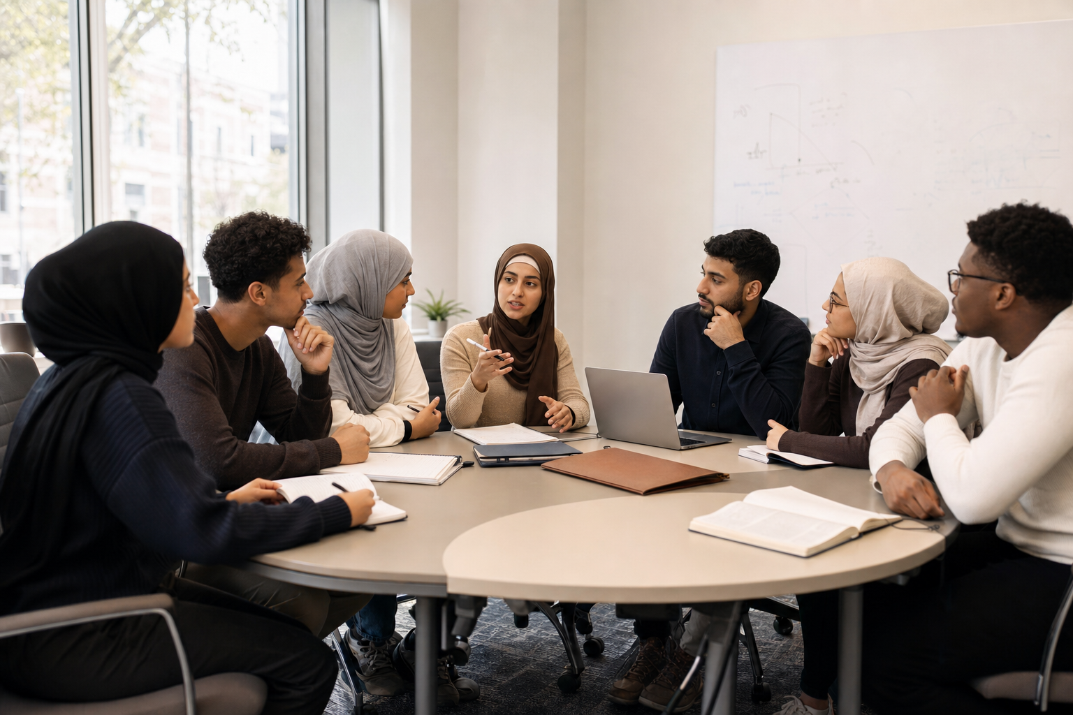 Muslim student leaders collaborating during a nonprofit board meeting