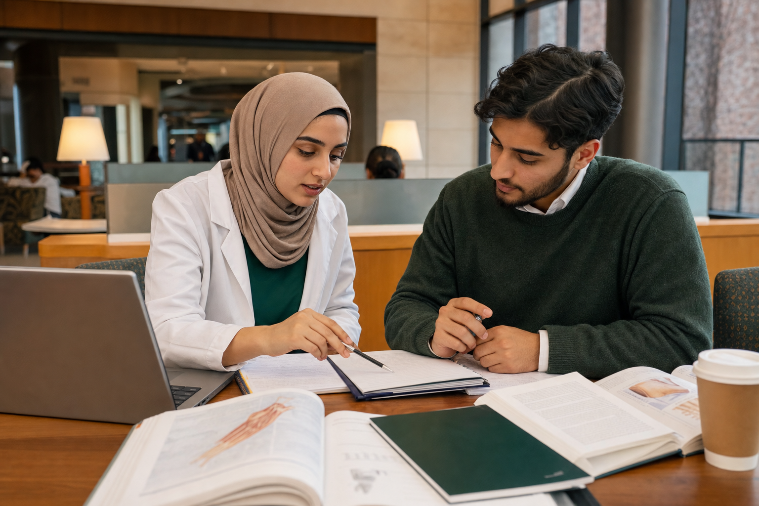 A Muslim medical student mentoring a premed student