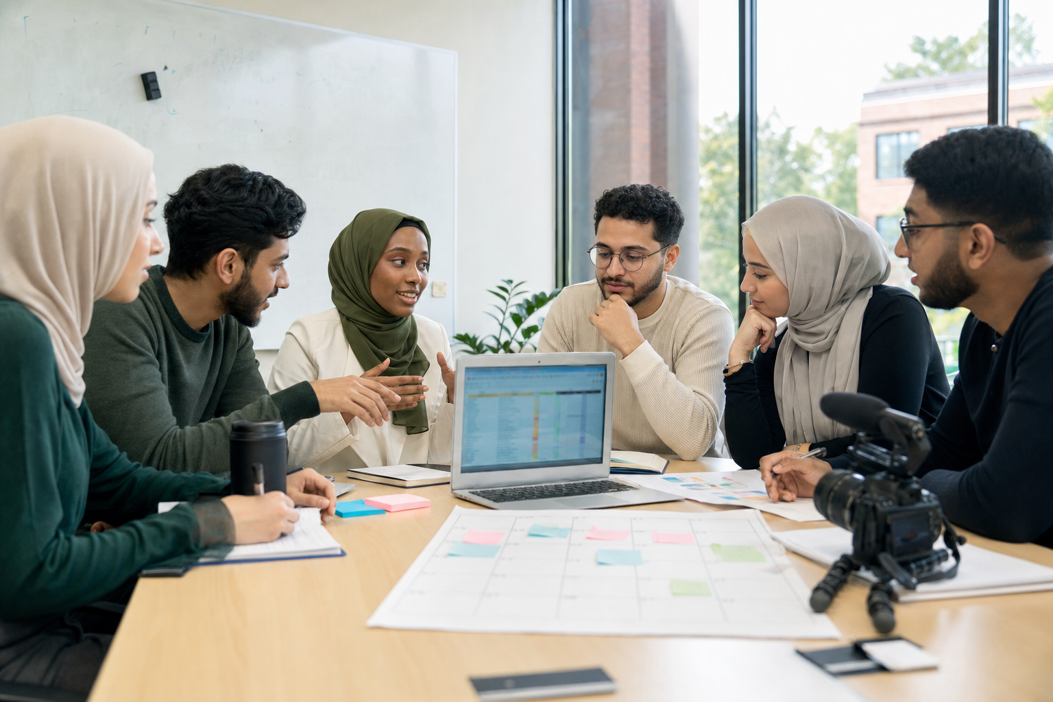 Muslim student leaders planning nonprofit outreach and media work together